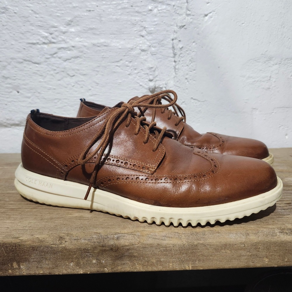 Cole Haan Mens Grand Plus Brown Leather Wingtip Oxford Shoes Brogue Size 11.5